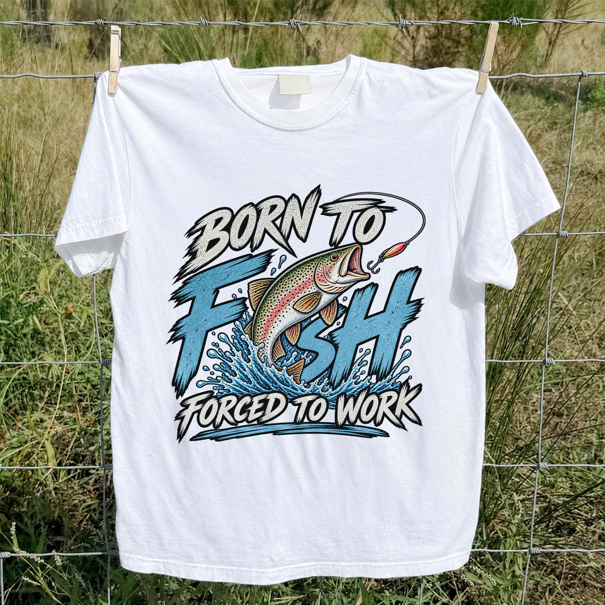 Born to Fish Forced to Work Jumping Rainbow Trout Fishing T-Shirt
