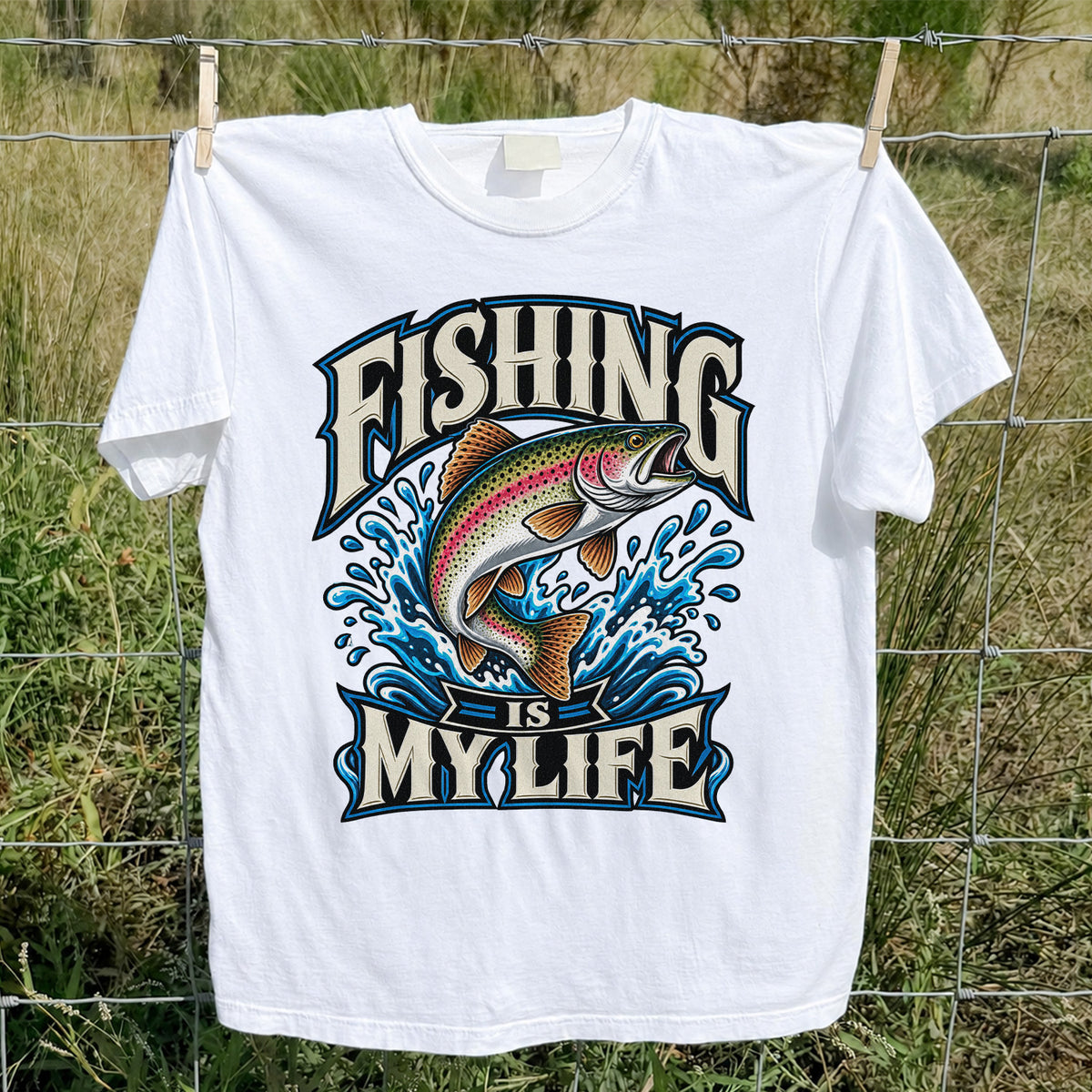 Fishing Is My Life Jumping Rainbow Trout Graphic T-Shirt