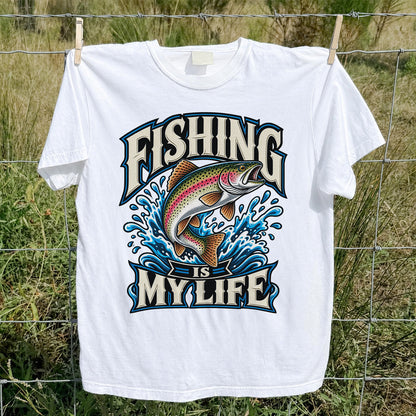 Fishing Is My Life Jumping Rainbow Trout Graphic T-Shirt