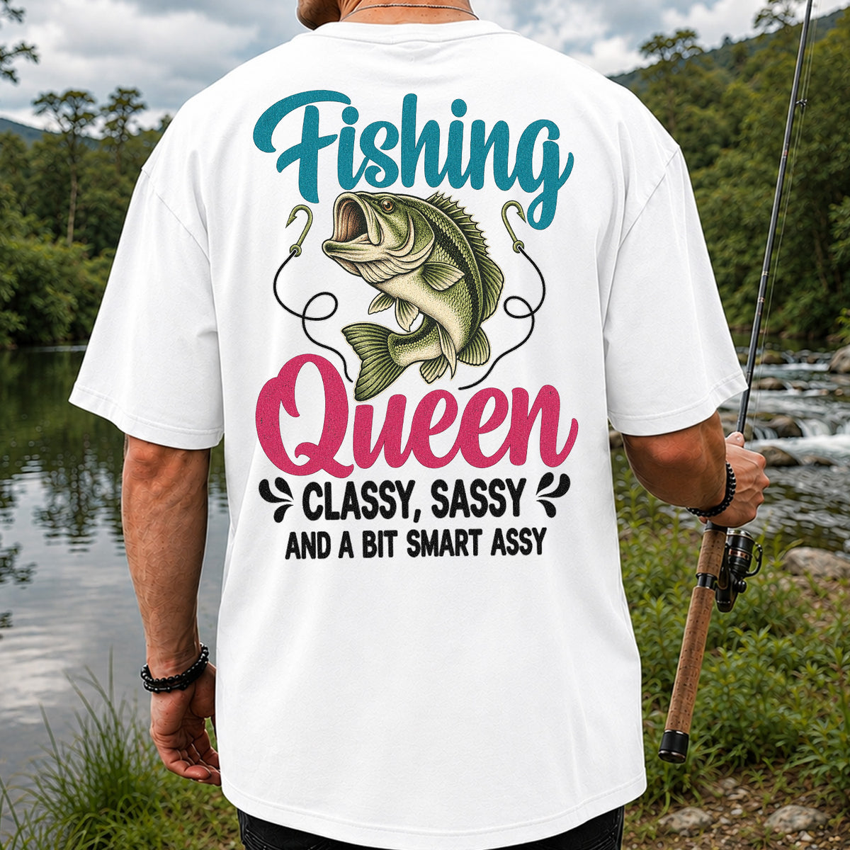 Fishing Queen Bass Funny Fishing Graphic T-Shirt | Back Print