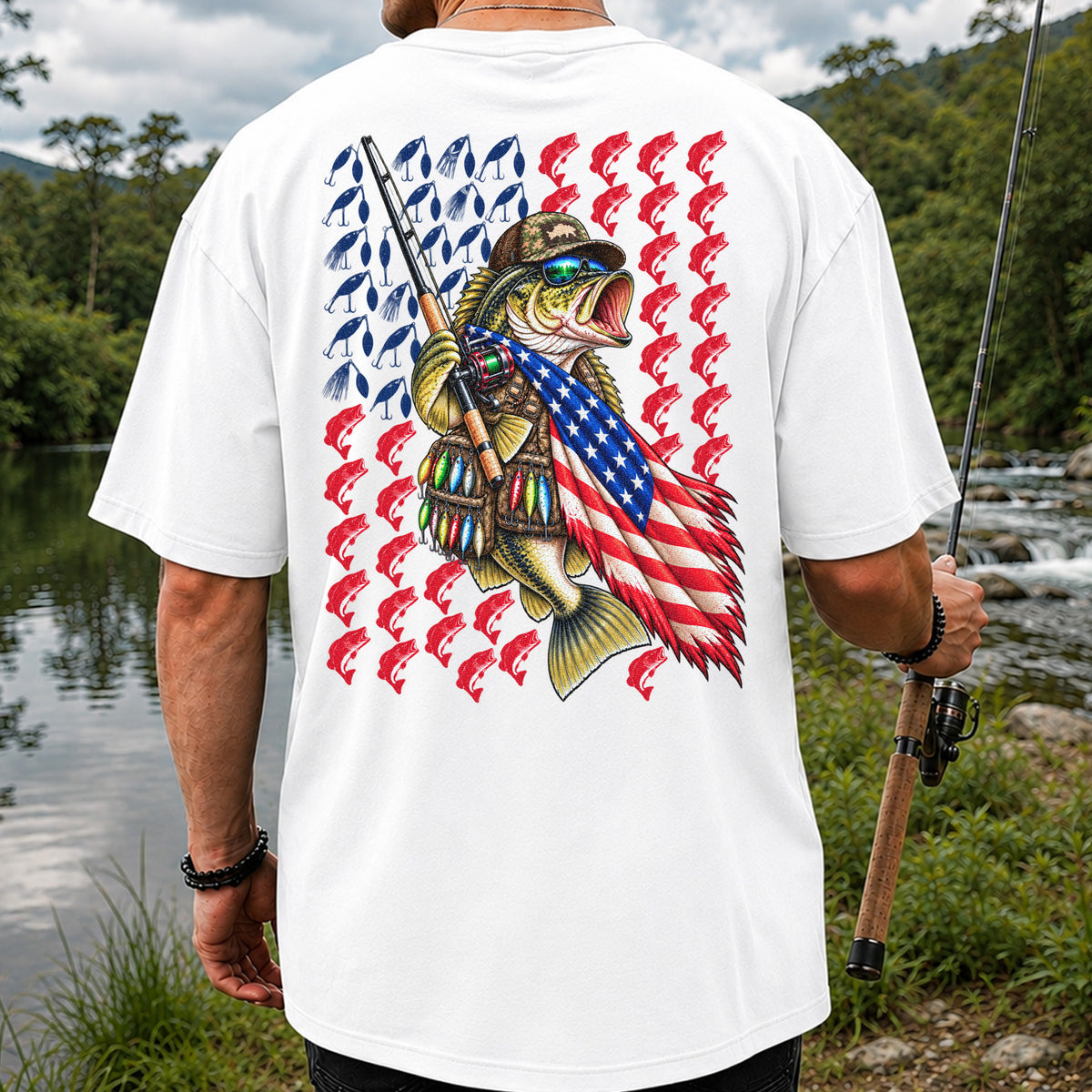 Patriotic Bass Fishing Graphic T-Shirt with American Flag Design | Back Print