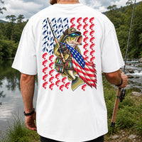 Patriotic Bass Fishing Graphic T-Shirt with American Flag Design | Back Print