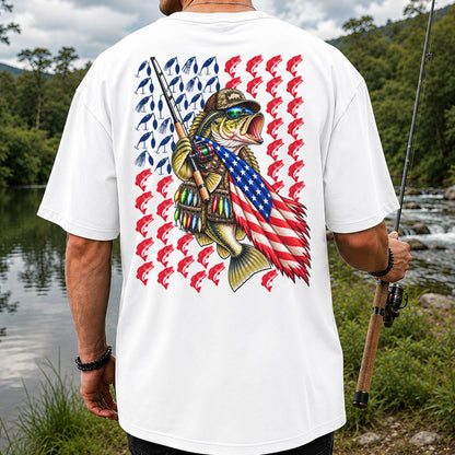 Patriotic Bass Fishing Graphic T-Shirt with American Flag Design | Back Print