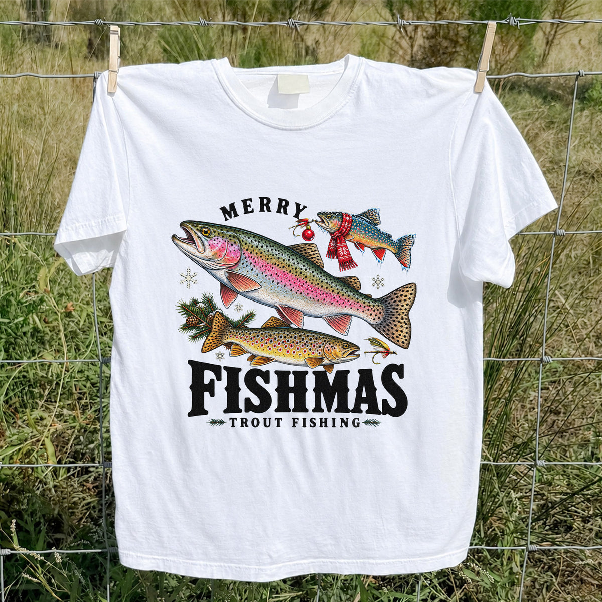 Merry Fishmas Trout Fishing Christmas Graphic T-Shirt