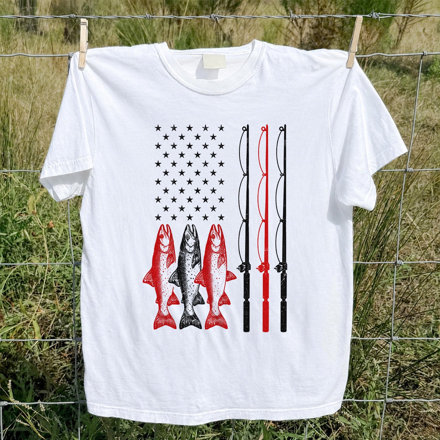 American Flag Trout and Fishing Rods Patriotic T-Shirt