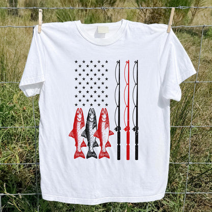 American Flag Trout and Fishing Rods Patriotic T-Shirt