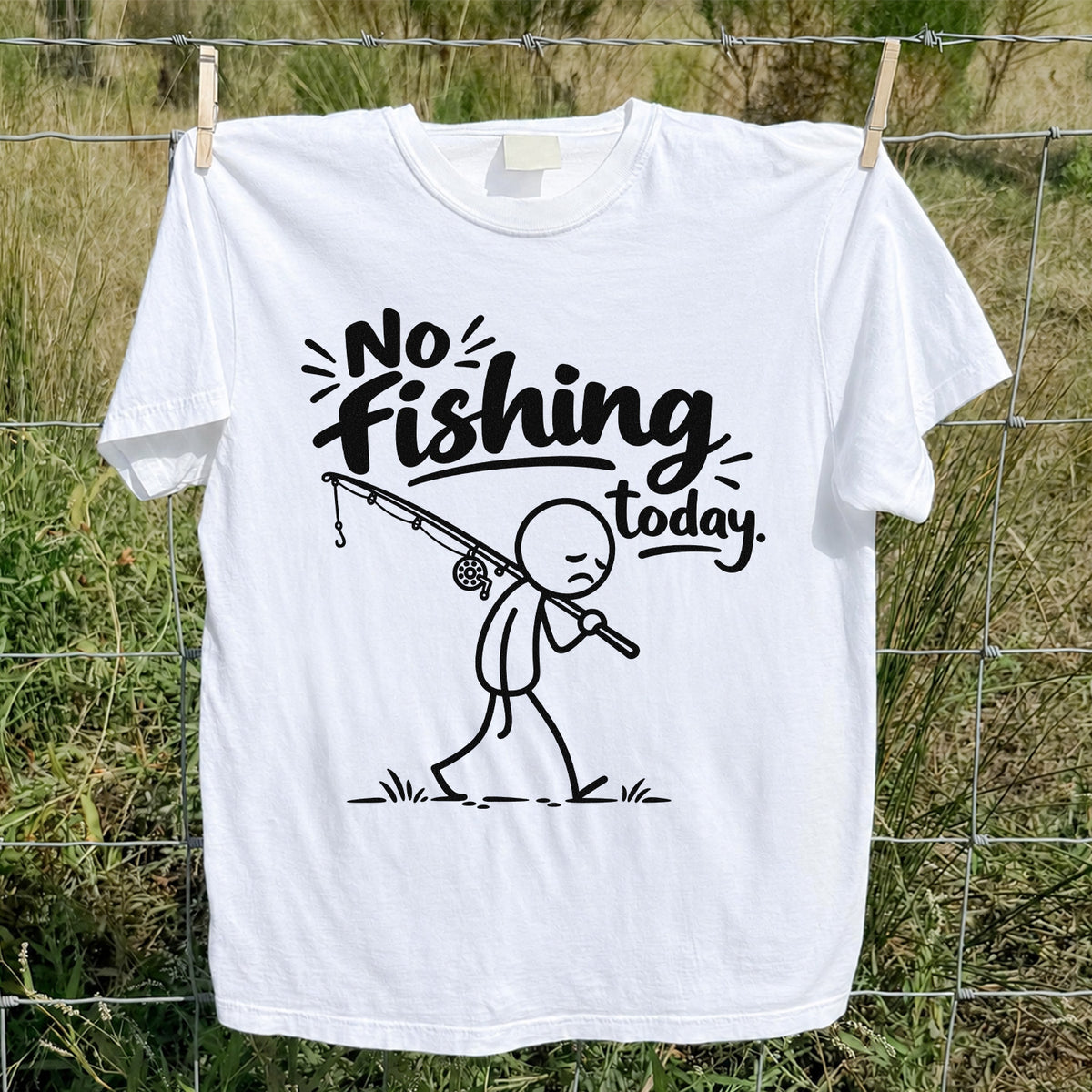 No Fishing Today Sad Stick Figure Angler Funny Graphic T-Shirt