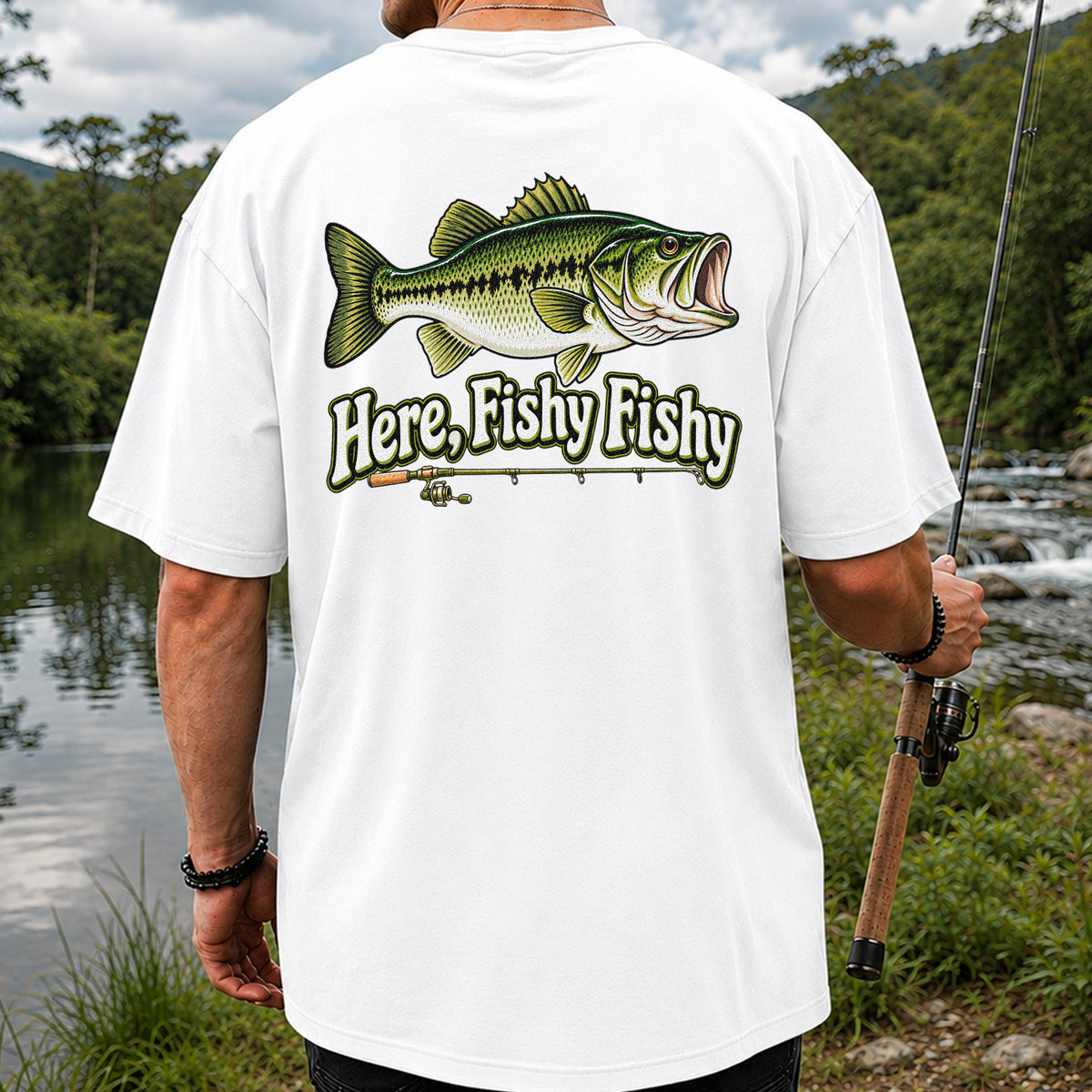 Here Fishy Fishy Funny Largemouth Bass Fishing Graphic T-Shirt | Back Print