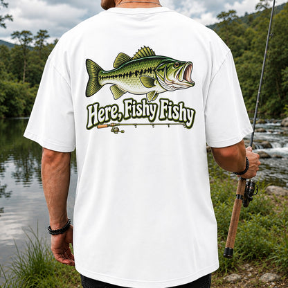 Here Fishy Fishy Funny Largemouth Bass Fishing Graphic T-Shirt | Back Print