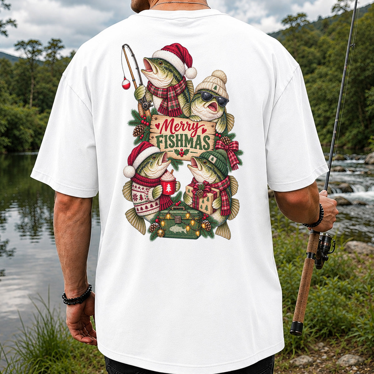Merry Fishmas Bass Christmas Fishing Graphic T-Shirt | Back Print