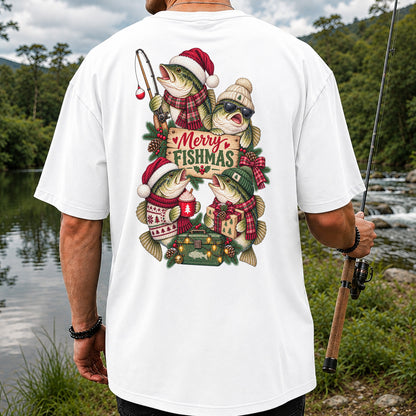 Merry Fishmas Bass Christmas Fishing Graphic T-Shirt | Back Print