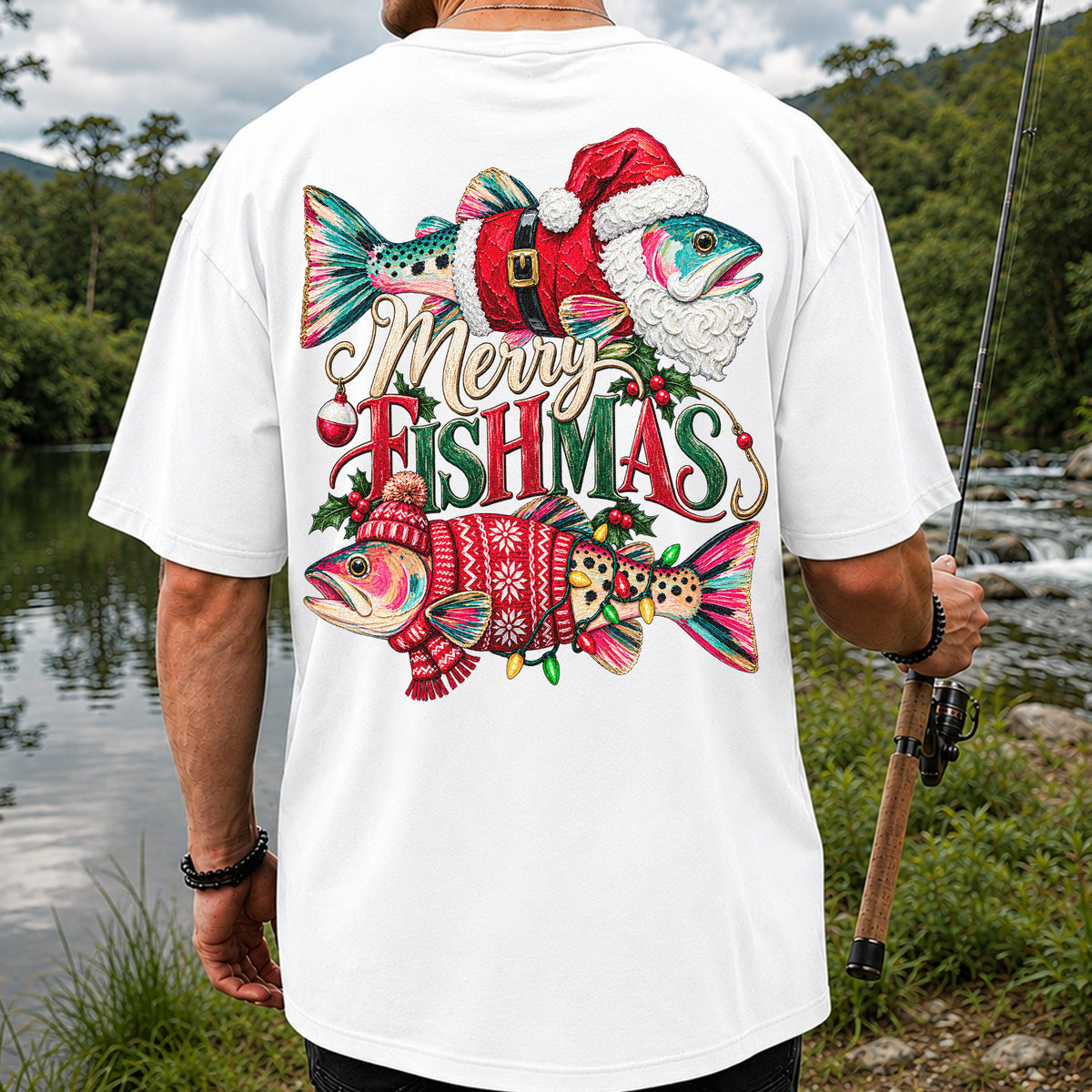 Merry Fishmas Santa Fish Christmas Fishing Graphic T-Shirt | Back Print