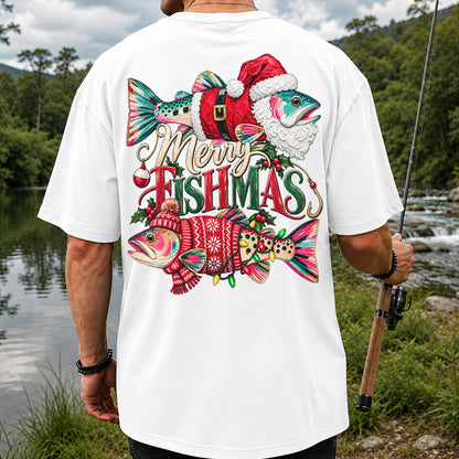 Merry Fishmas Santa Fish Christmas Fishing Graphic T-Shirt | Back Print