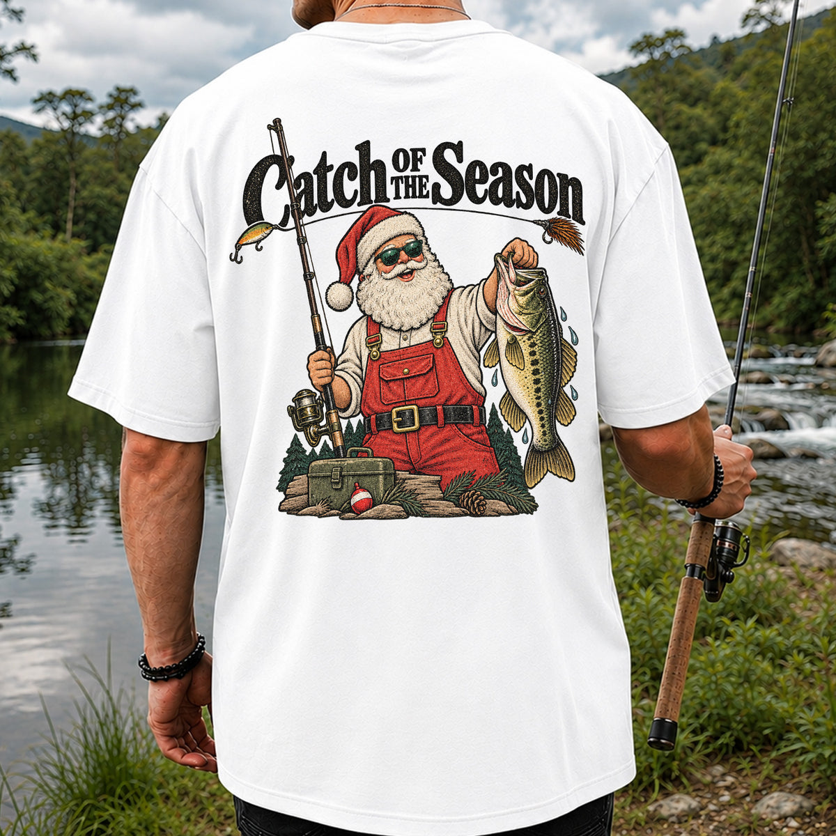 Catch of the Season Santa Bass Fishing Christmas T-Shirt | Back Print