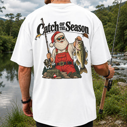 Catch of the Season Santa Bass Fishing Christmas T-Shirt | Back Print