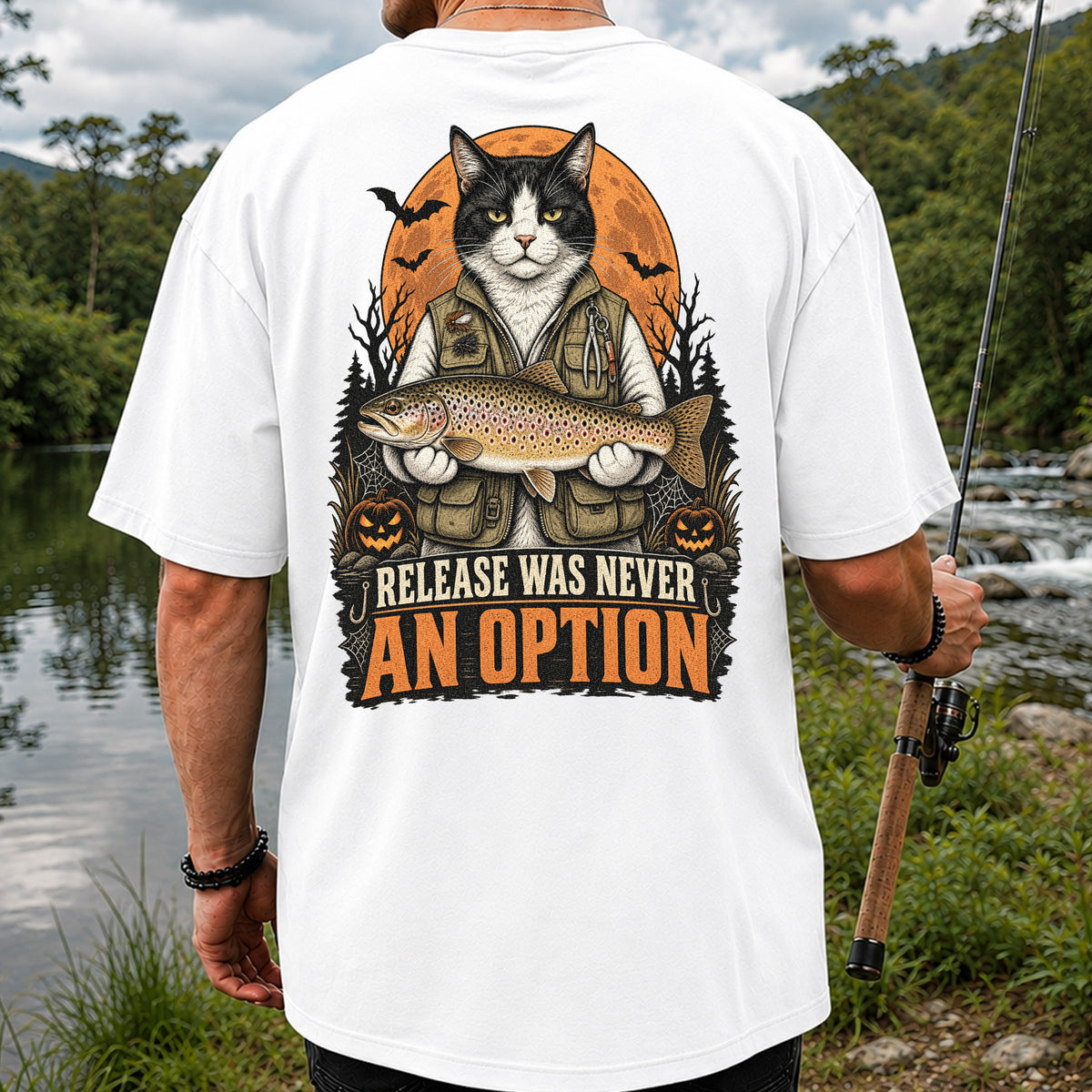 Release Was Never an Option Cat Holding Brown Trout Halloween Fishing T-Shirt | Back Print