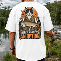 Release Was Never an Option Cat Holding Brown Trout Halloween Fishing T-Shirt | Back Print