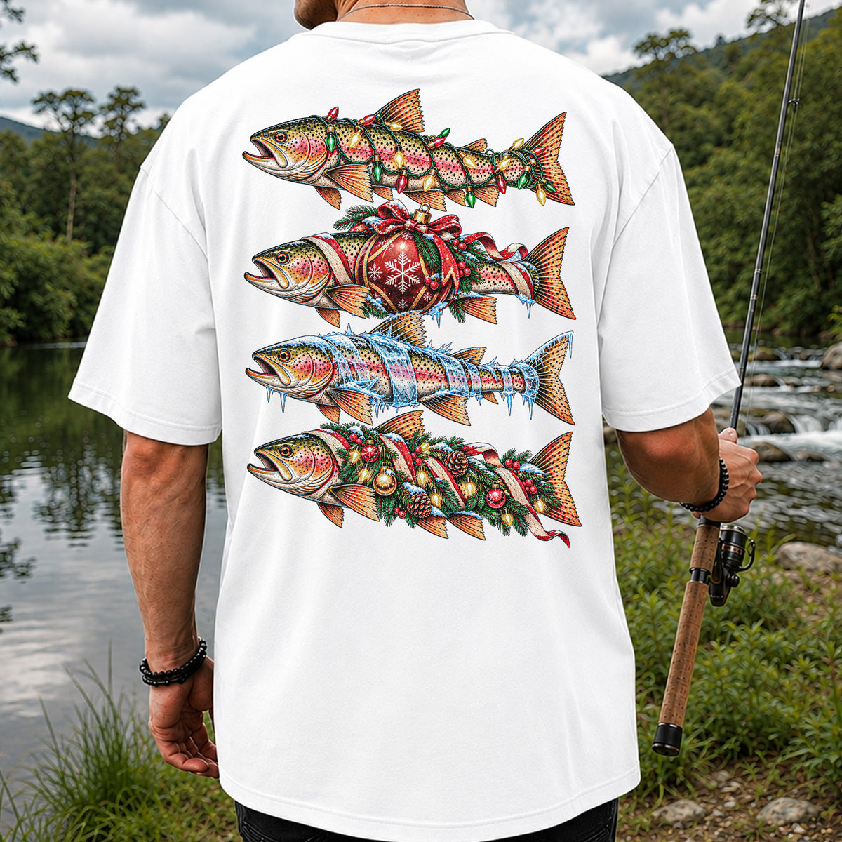 Christmas Rainbow Trout with Holiday Lights Fishing Graphic T-Shirt | Back Print
