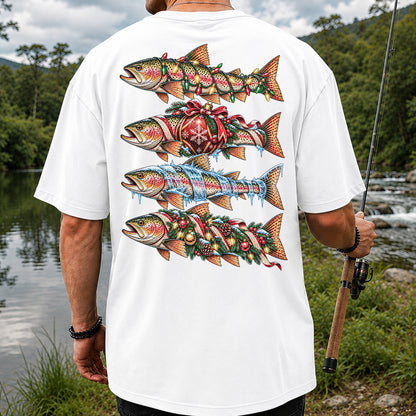 Christmas Rainbow Trout with Holiday Lights Fishing Graphic T-Shirt | Back Print