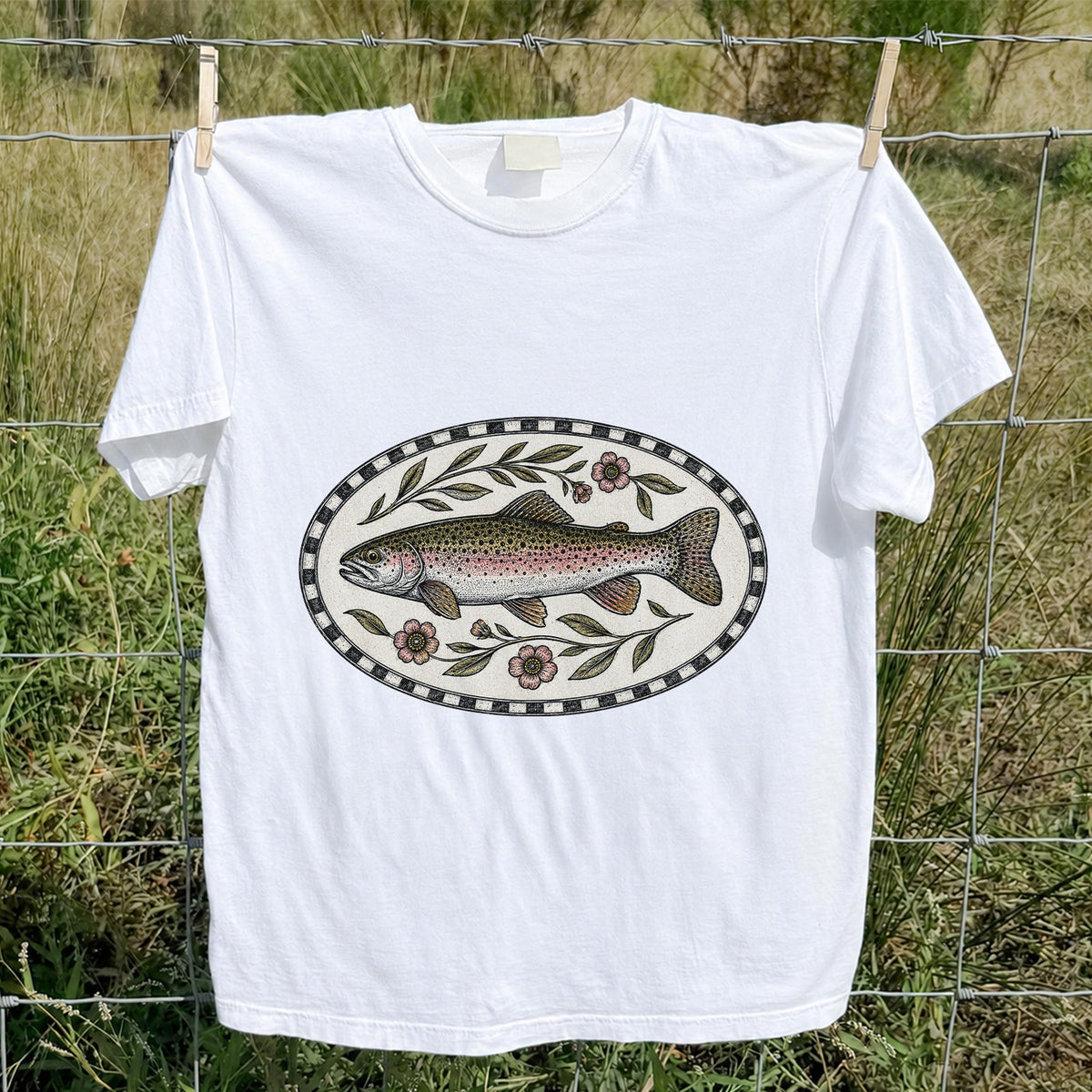 Vintage Floral Rainbow Trout Fishing Graphic T-Shirt
