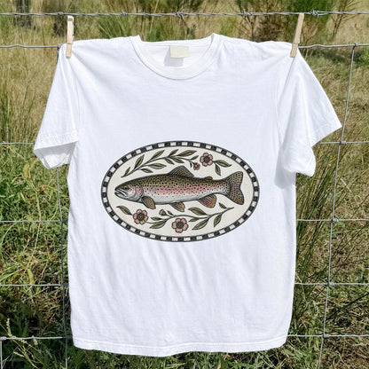 Vintage Floral Rainbow Trout Fishing Graphic T-Shirt