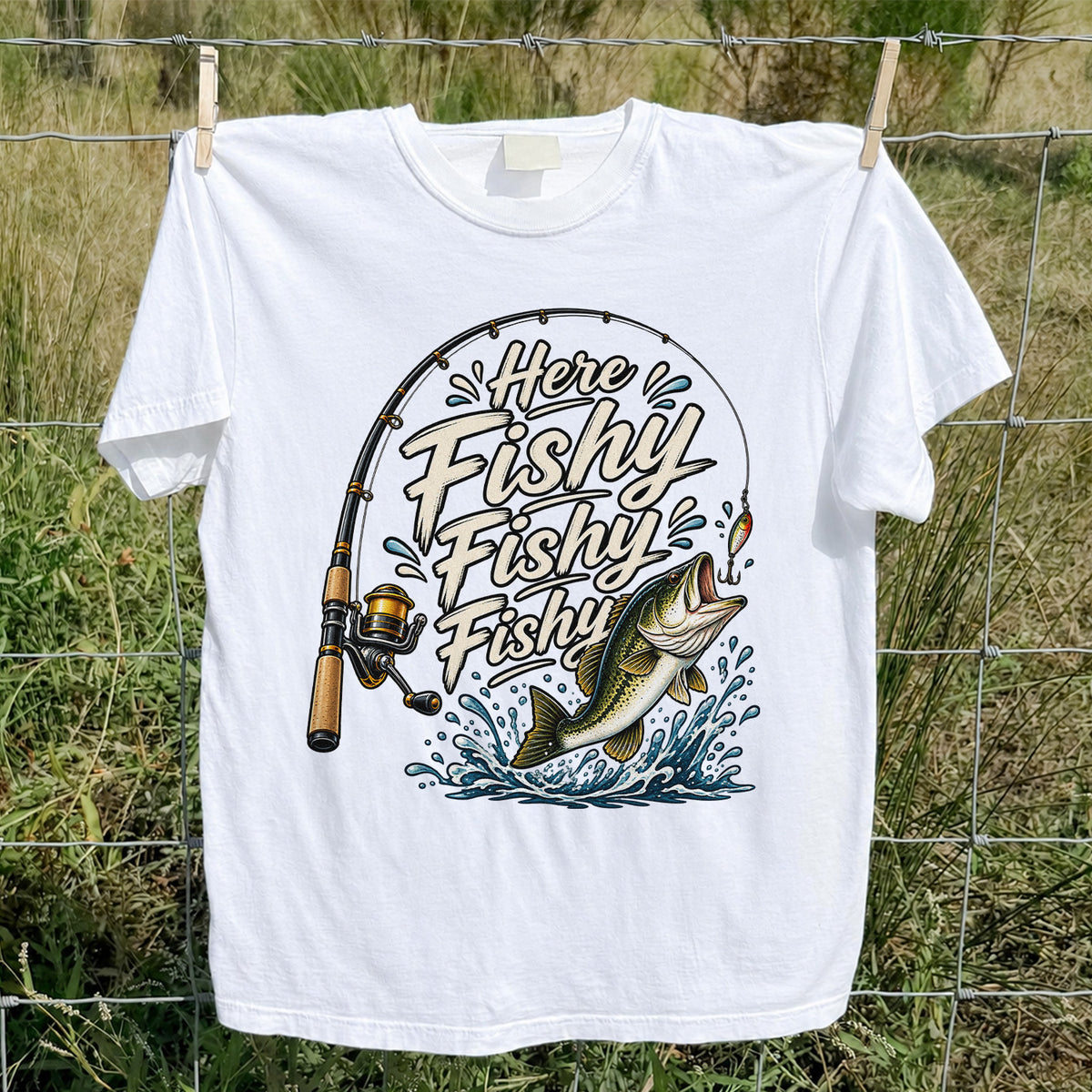 Here Fishy Fishy Fishy Funny Bass Fishing Graphic T-Shirt