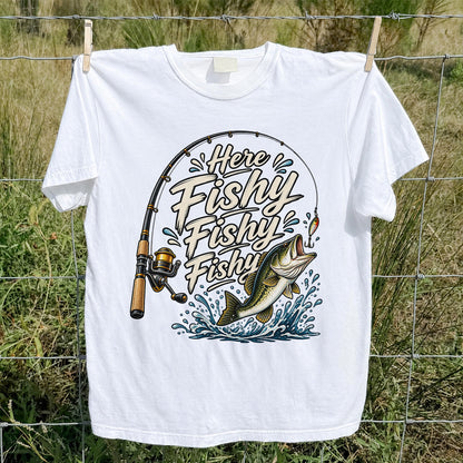 Here Fishy Fishy Fishy Funny Bass Fishing Graphic T-Shirt