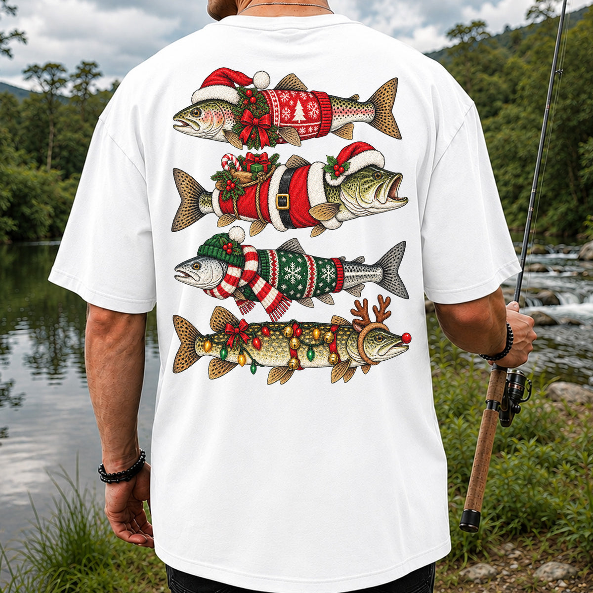Christmas Fish Collection Festive Fishing Graphic T-Shirt | Back Print