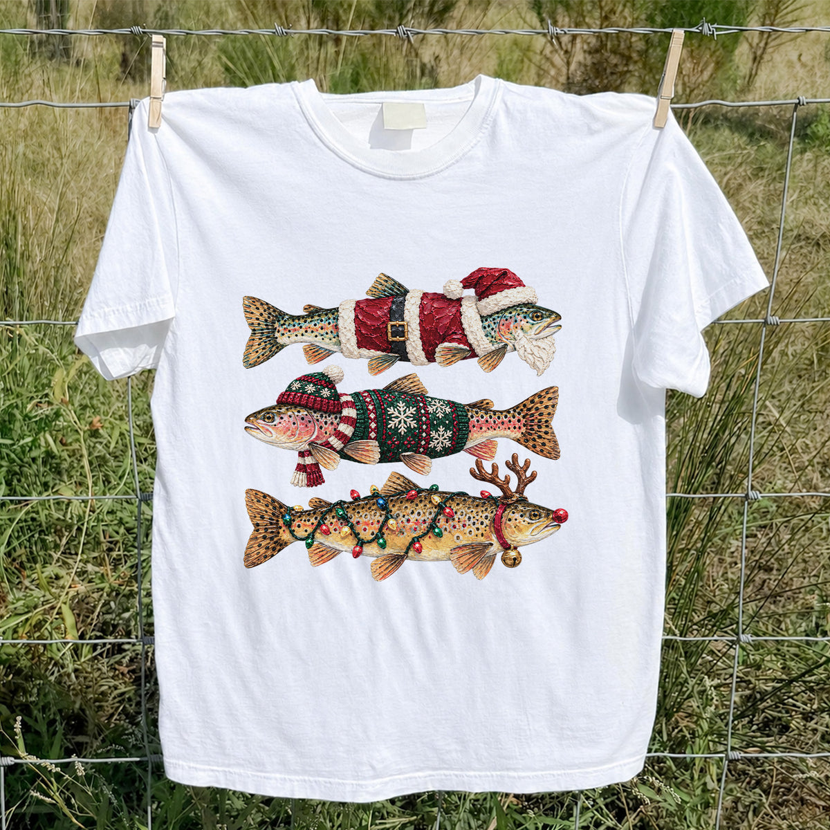 Christmas Trout Fishing Graphic T-Shirt with Festive Fish Artwork
