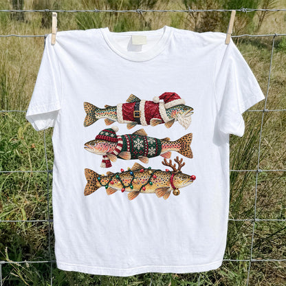 Christmas Trout Fishing Graphic T-Shirt with Festive Fish Artwork