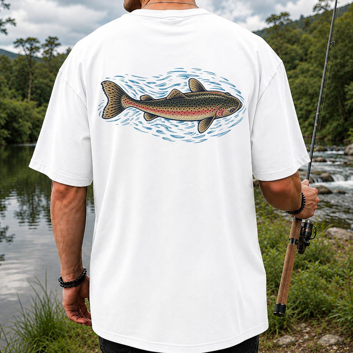 Rainbow Trout River Fishing Graphic T-Shirt | Back Print