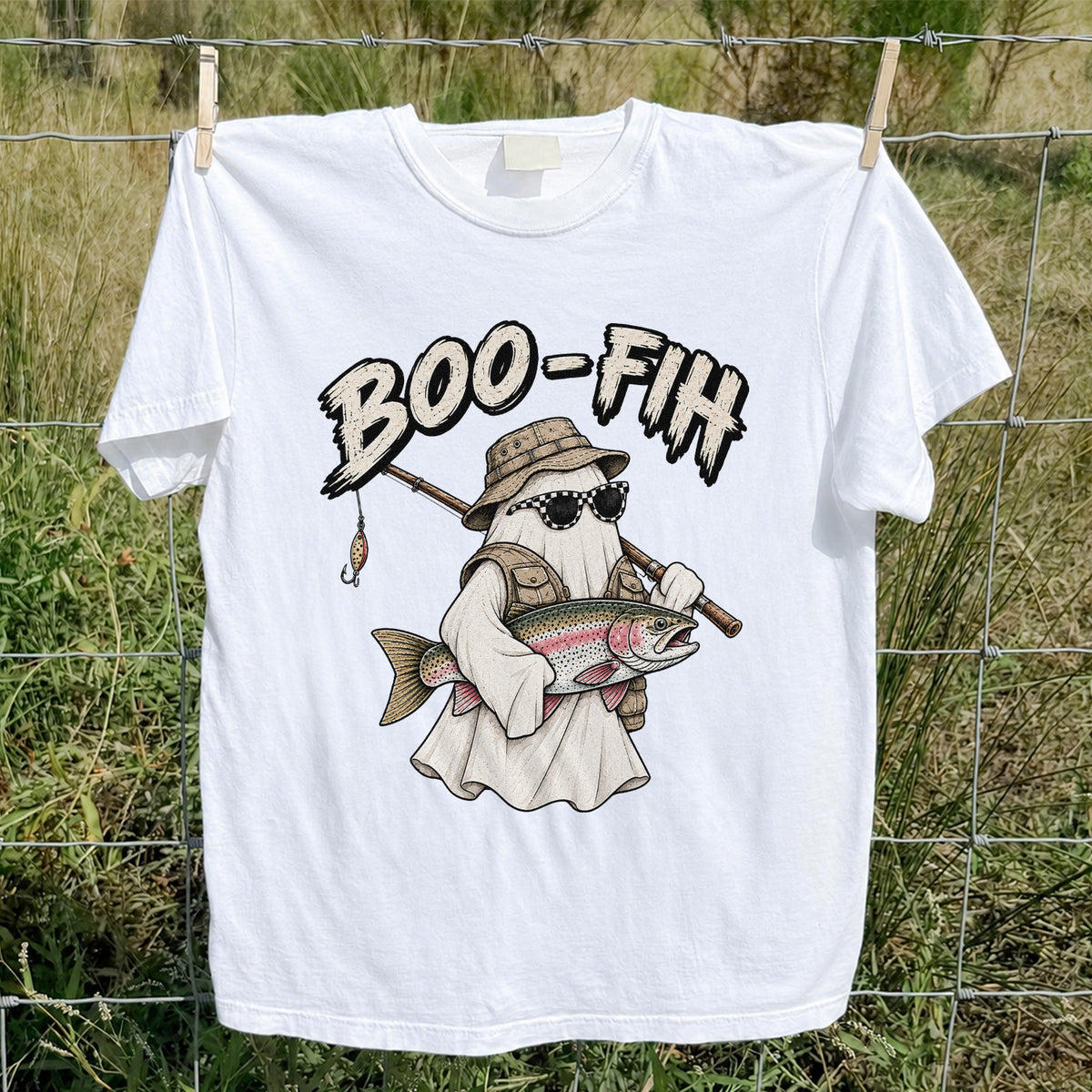 Boo-Fish Ghost Holding Rainbow Trout Fishing Graphic T-Shirt