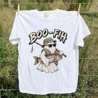 Boo-Fish Ghost Holding Rainbow Trout Fishing Graphic T-Shirt