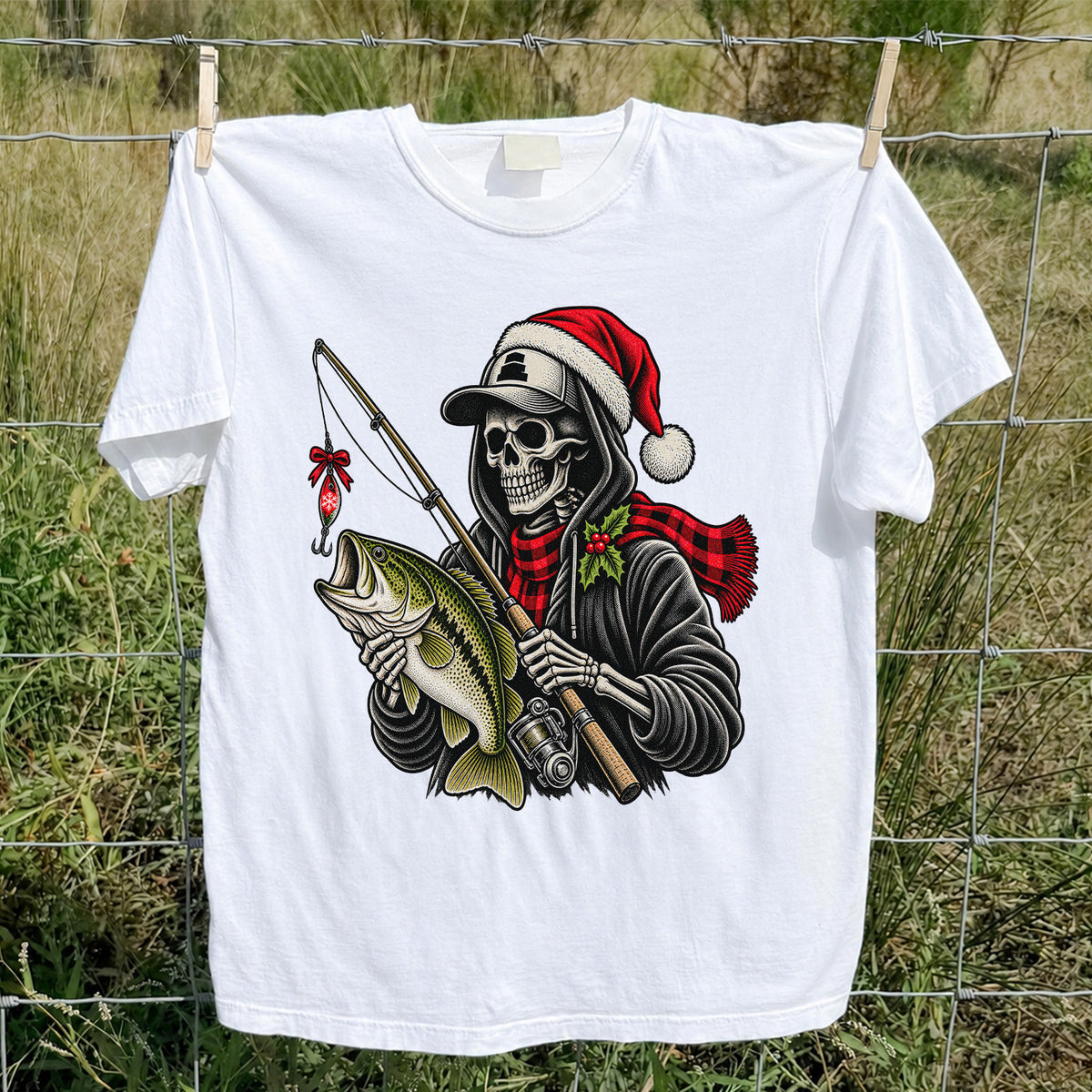 Christmas Skeleton Angler with Santa Hat and Bass Fishing T-Shirt