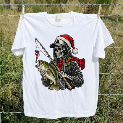 Christmas Skeleton Angler with Santa Hat and Bass Fishing T-Shirt