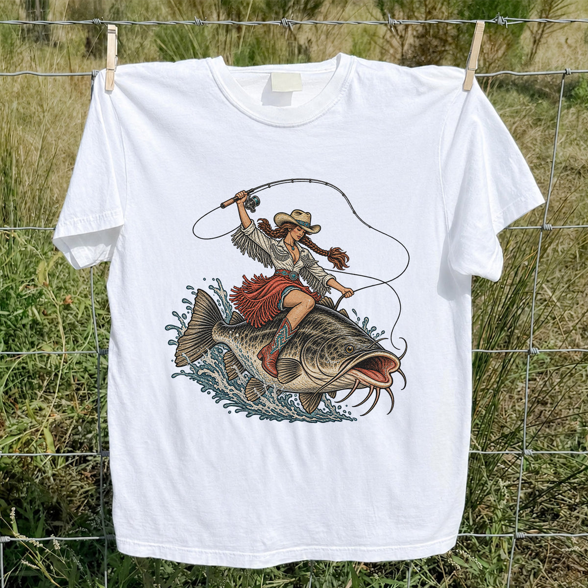 Cowgirl Riding a Largemouth Bass Fishing Graphic T-Shirt