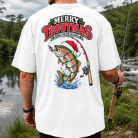 Merry Troutmas Hooked for the Holidays Rainbow Trout Christmas Fishing T-Shirt | Back Print