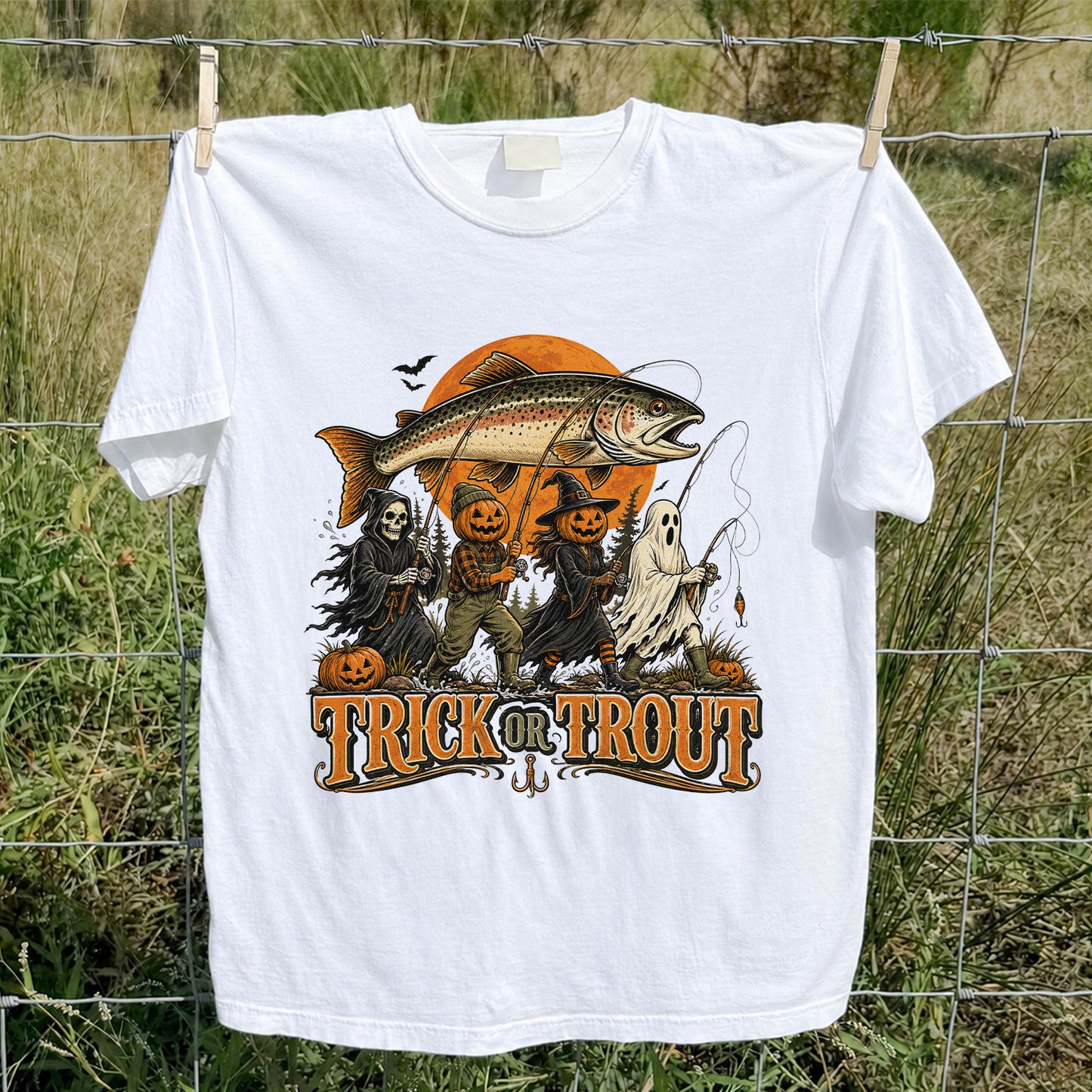 Trick or Trout Halloween Fishing T-Shirt, Vintage Trout Angler Tee