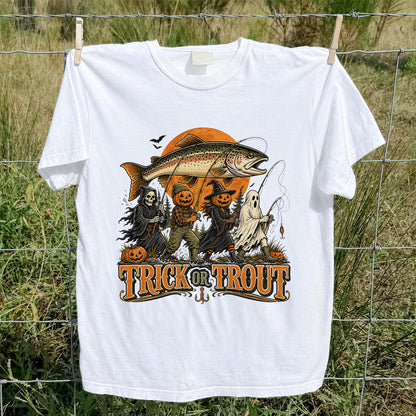 Trick or Trout Halloween Fishing T-Shirt, Vintage Trout Angler Tee