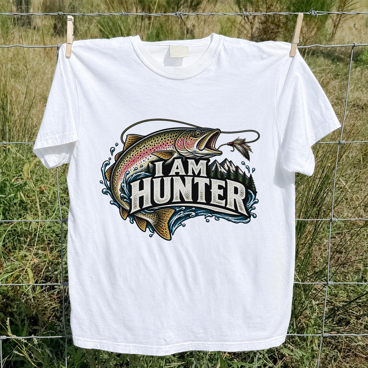 I Am Hunter Rainbow Trout Fly Fishing Mountain Graphic T-Shirt