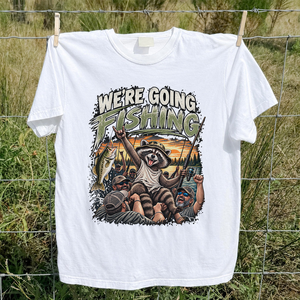 We're Going Fishing Raccoon Outdoor Fishing Graphic T-Shirt