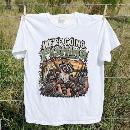 We're Going Fishing Raccoon Outdoor Fishing Graphic T-Shirt
