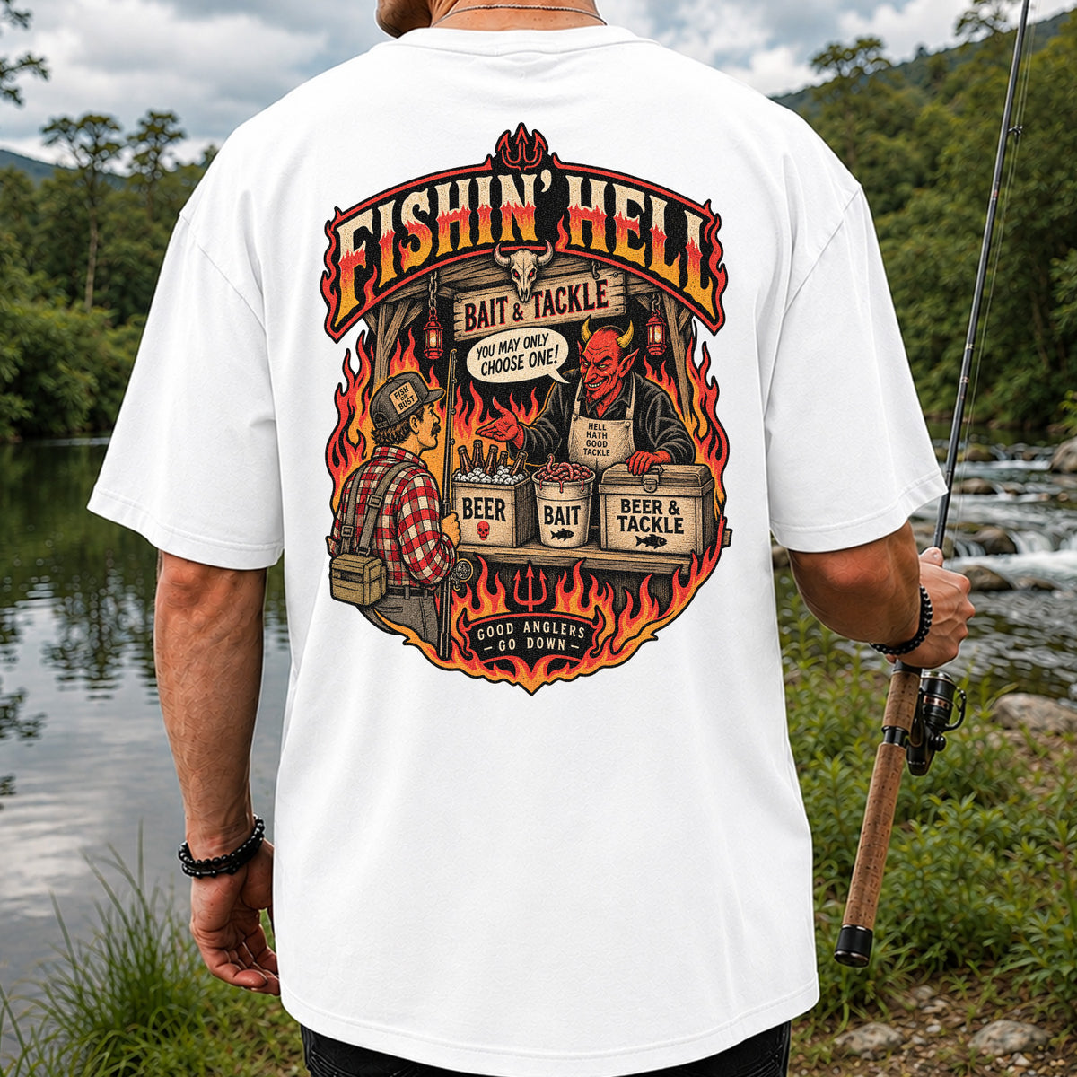 Fishin' Hell Devil Bait and Tackle Funny Fishing T-Shirt | Back Print
