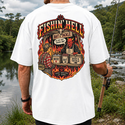 Fishin' Hell Devil Bait and Tackle Funny Fishing T-Shirt | Back Print