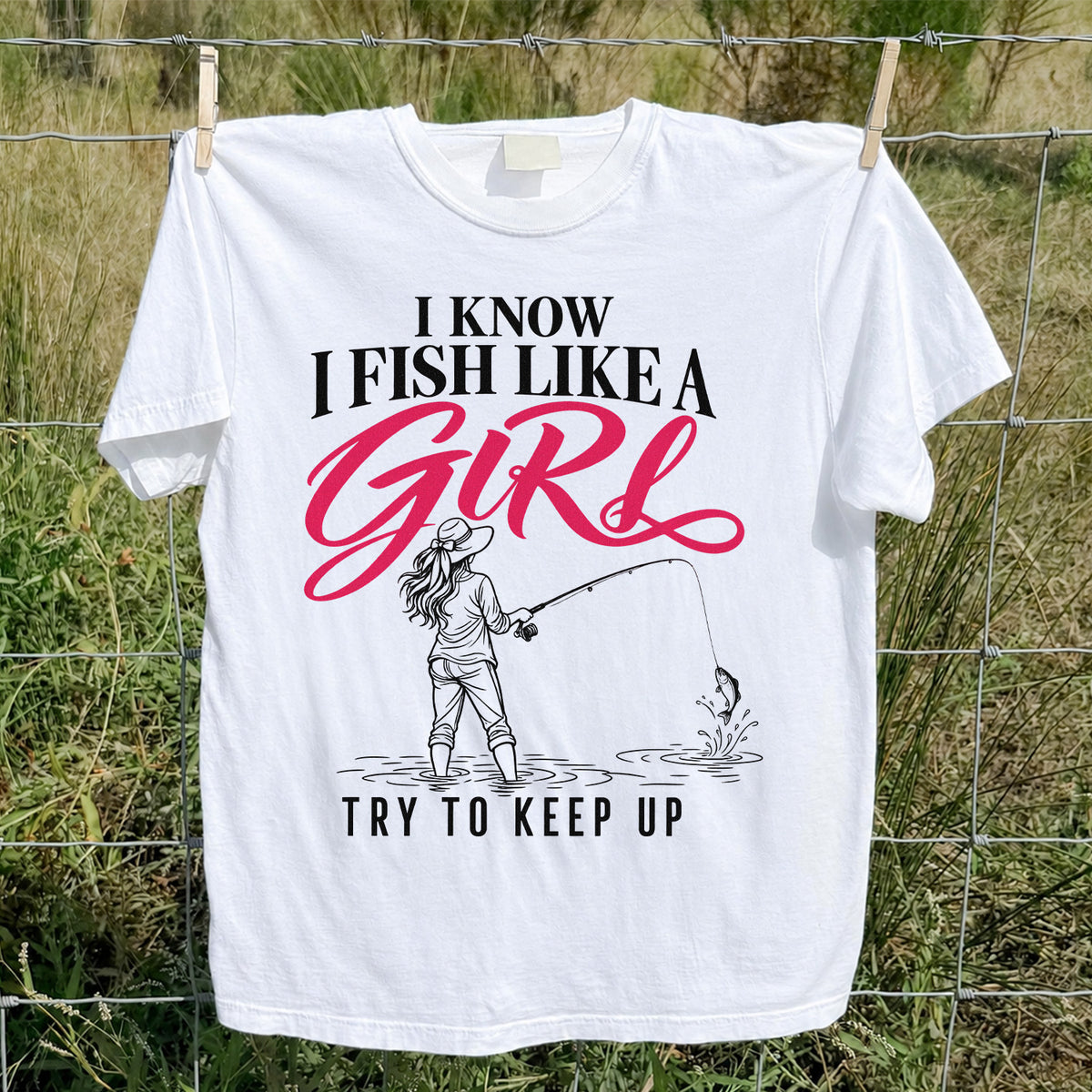 Funny Woman Fishing Graphic T-Shirt with Line Art Design