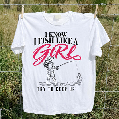 Funny Woman Fishing Graphic T-Shirt with Line Art Design