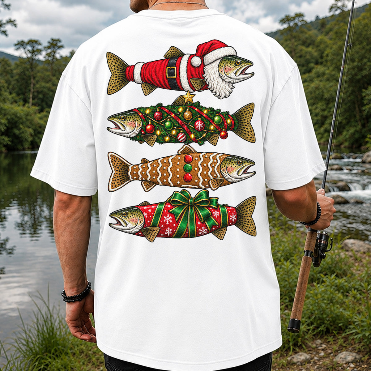Festive Christmas Trout Santa and Gingerbread Fishing T-Shirt | Back Print