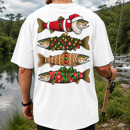 Festive Christmas Trout Santa and Gingerbread Fishing T-Shirt | Back Print