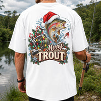 Merry Trout Christmas Rainbow Trout and Fishing Reel T-Shirt | Back Print