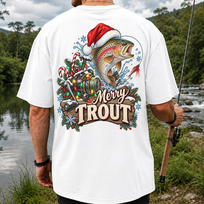 Merry Trout Christmas Rainbow Trout and Fishing Reel T-Shirt | Back Print